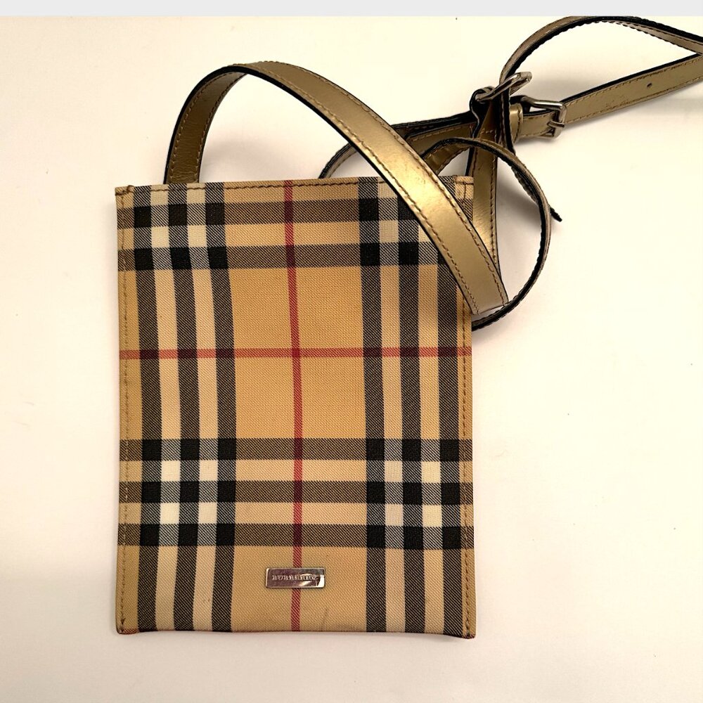 Burberry Nova Check Coated Canvas Crossbody Bag with metallic strap